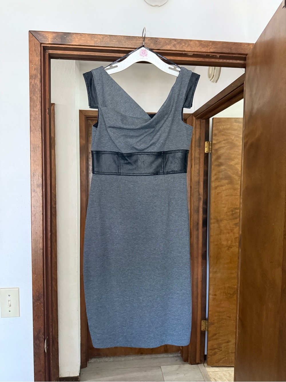 Maggy London Gray Midi Sheath Dress with Faux Leather Waist